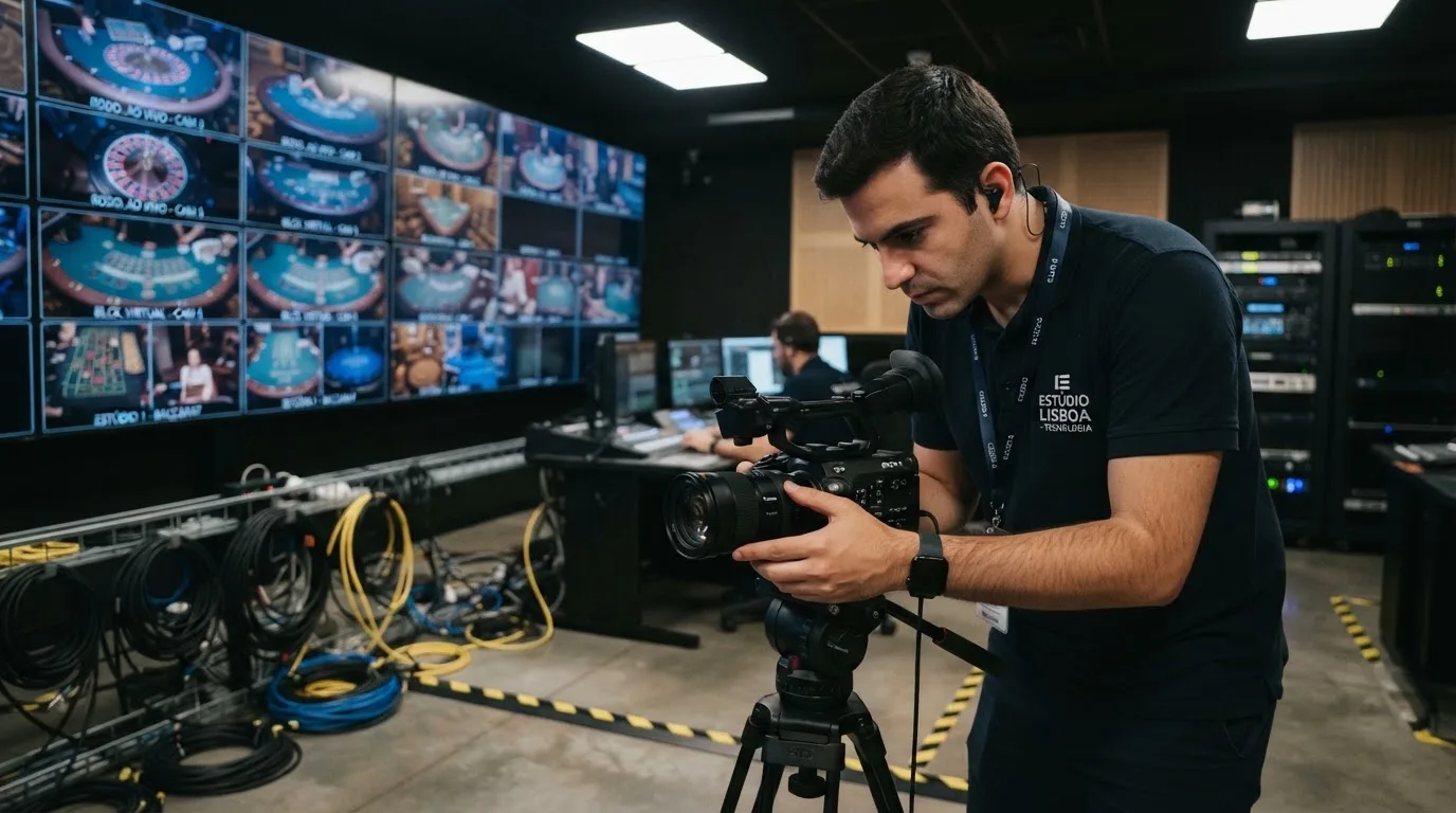 Técnico de uniforme escuro a verificar câmaras e equipamento numa sala de controlo de um estúdio de televisão, com vários monitores desfocados.