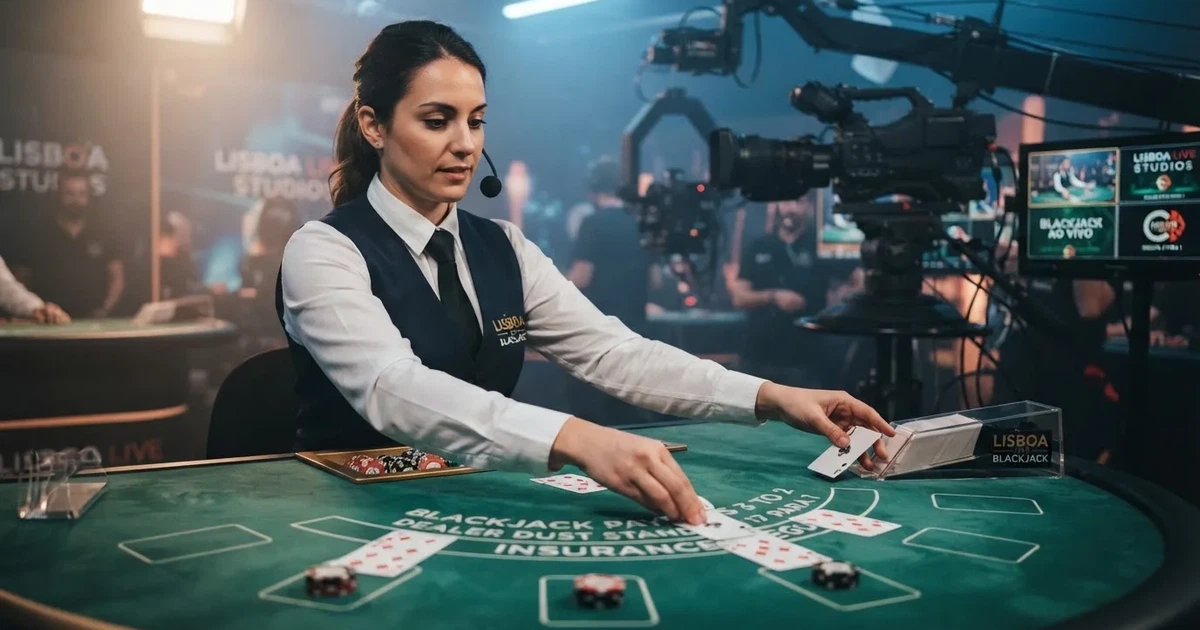 Croupier de colete a distribuir cartas numa mesa de blackjack de estúdio, com iluminação azulada e câmara de transmissão ao fundo.