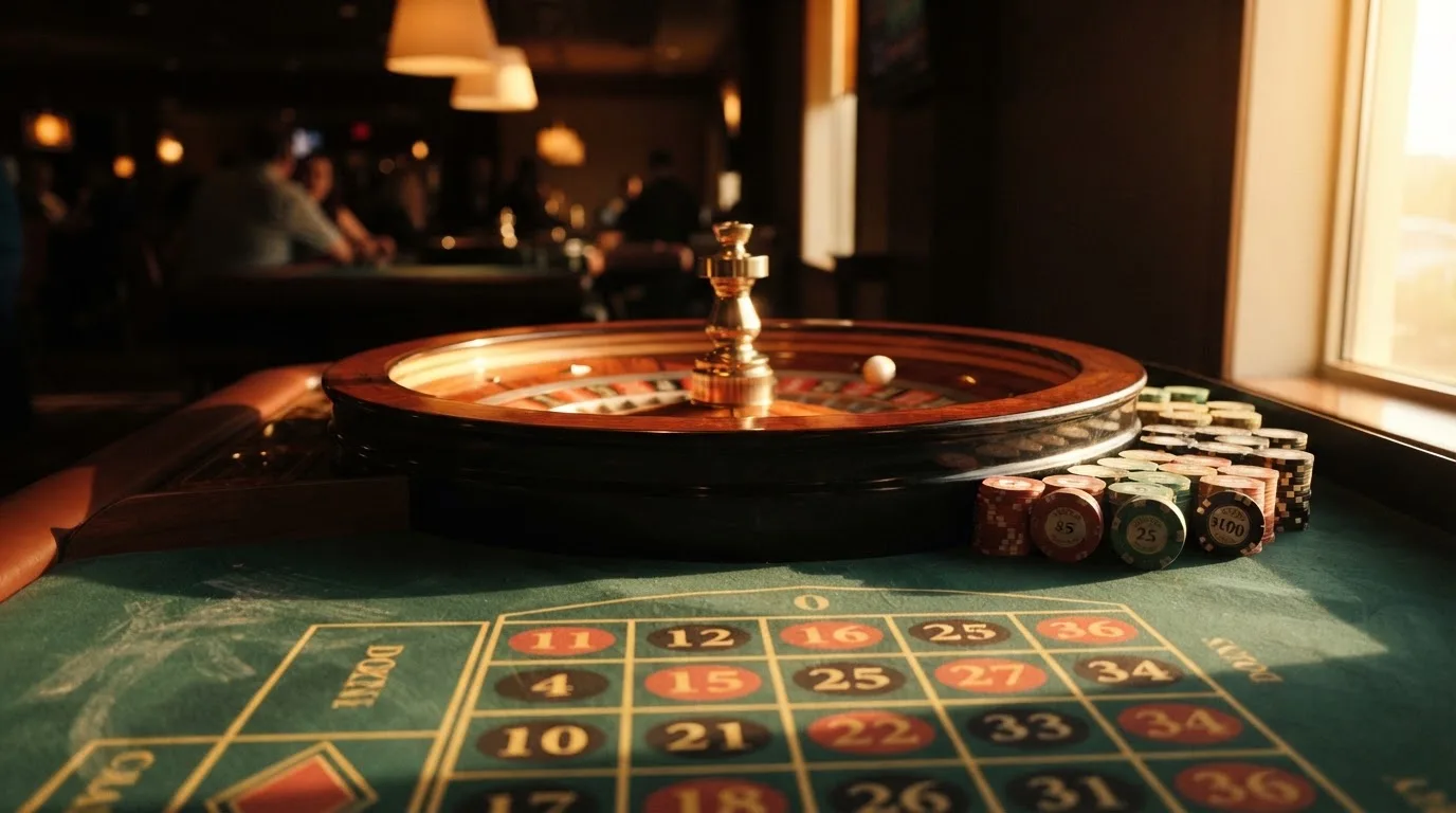 Roda de roleta e fichas sobre feltro verde, sob uma luz quente de fim de tarde — casinos com apple pay em portugal