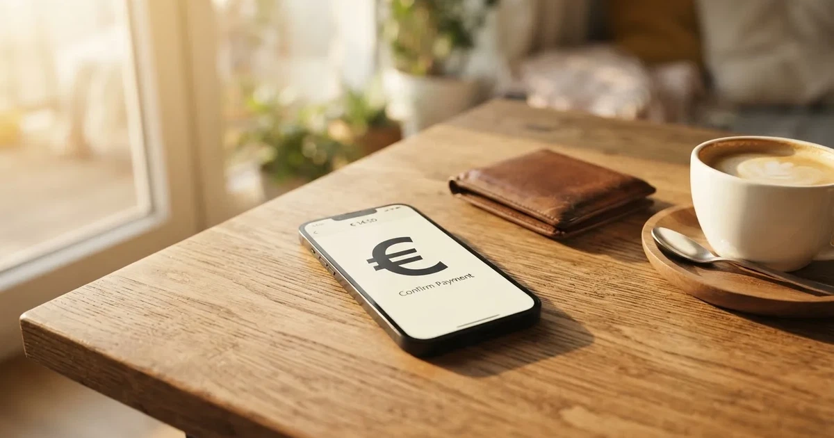 Telemóvel numa mesa de madeira ao lado de uma carteira e de uma chávena de café — casinos com apple pay em portugal
