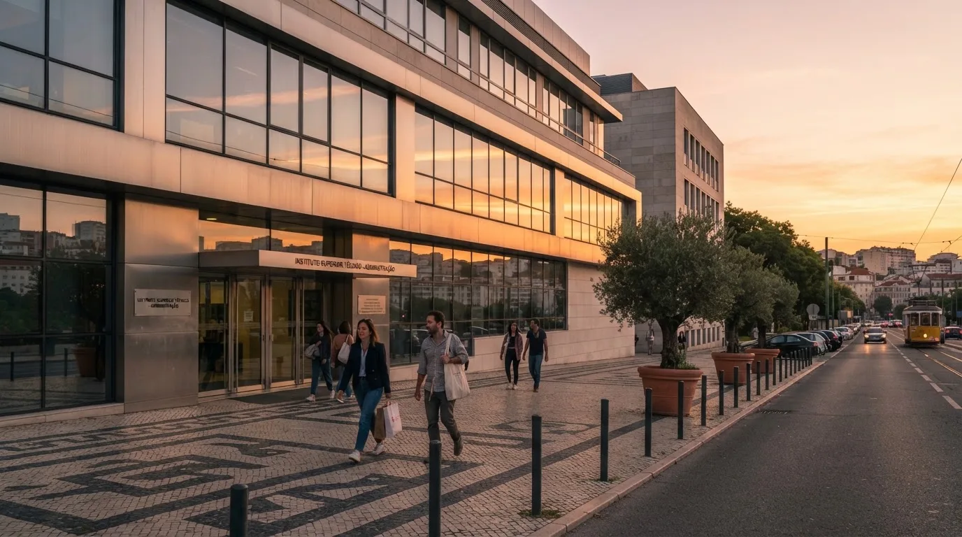 Fachada de um edifício administrativo moderno em Lisboa ao entardecer, com janelas amplas, calçada portuguesa e algumas pessoas a passar.