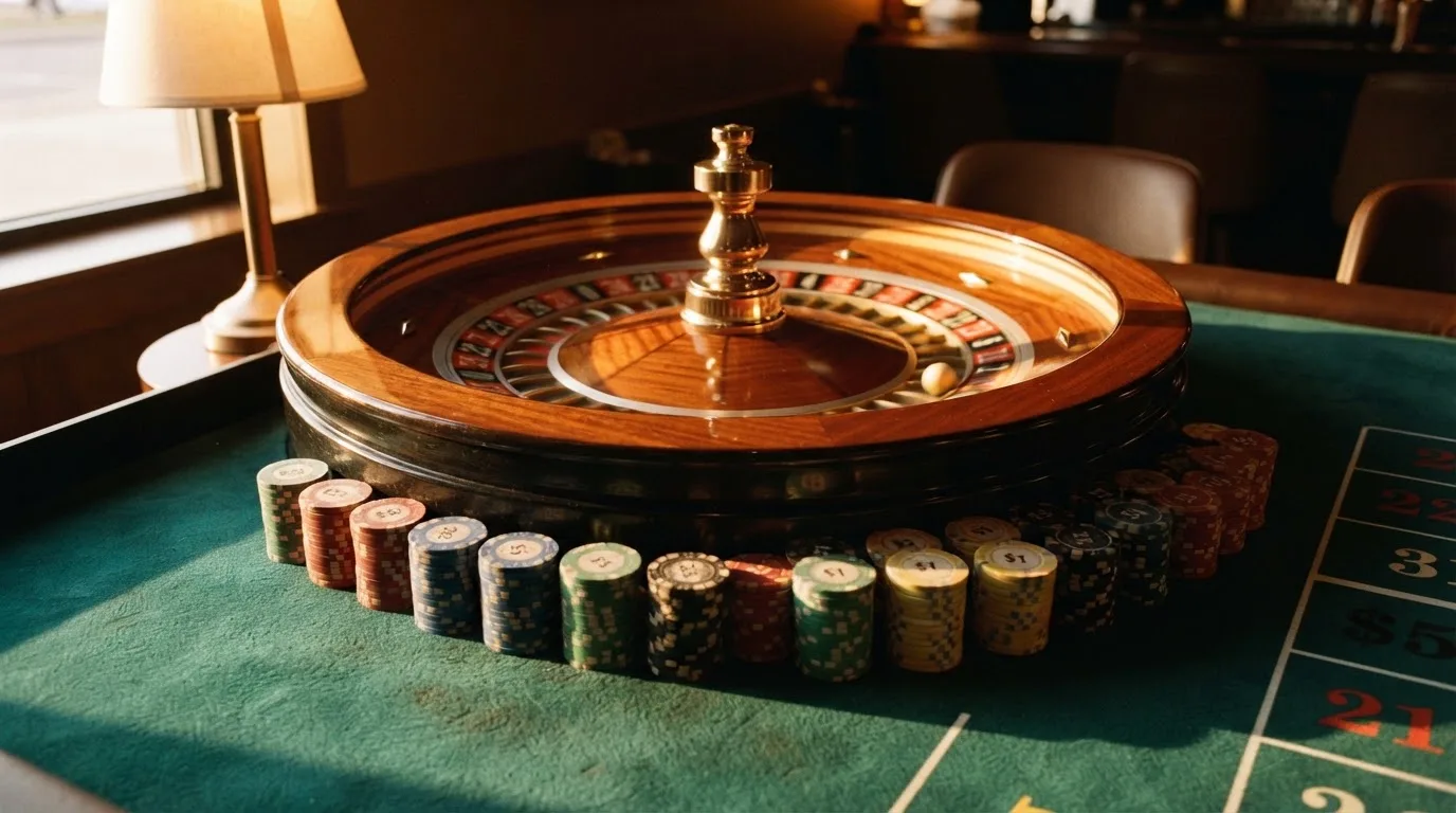 Roda de roleta e fichas sobre feltro verde, sob uma luz quente de fim de tarde — casinos com bônus em portugal