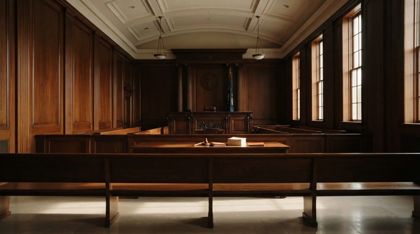 Sala de tribunal vazia com painéis de madeira, à luz da manhã — casinos com depósito mínimo pt