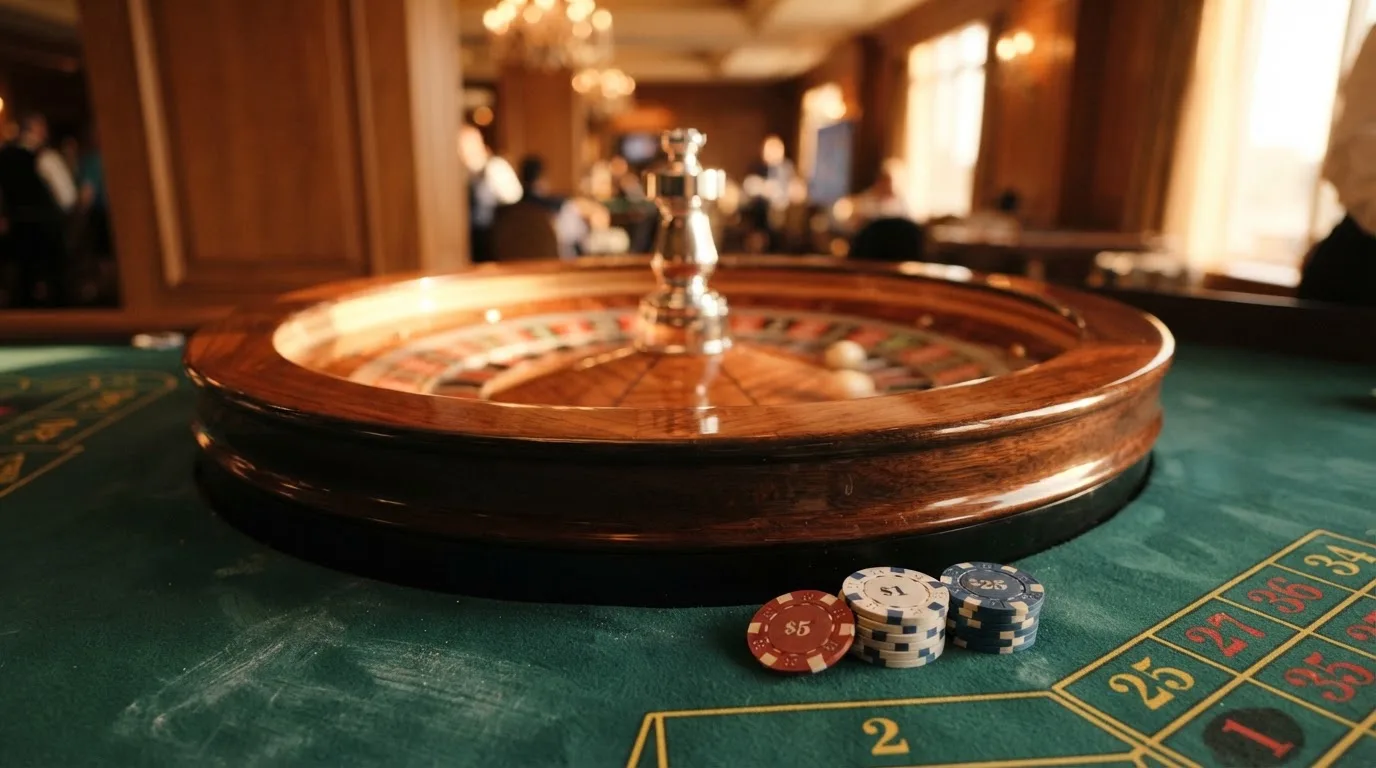Roda de roleta e fichas sobre feltro verde, sob uma luz quente de fim de tarde — casinos com depósito mínimo pt