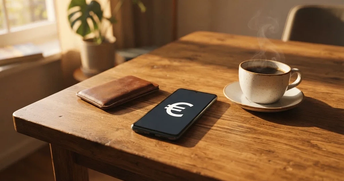 Telemóvel numa mesa de madeira ao lado de uma carteira e de uma chávena de café — casinos com depósito mínimo pt