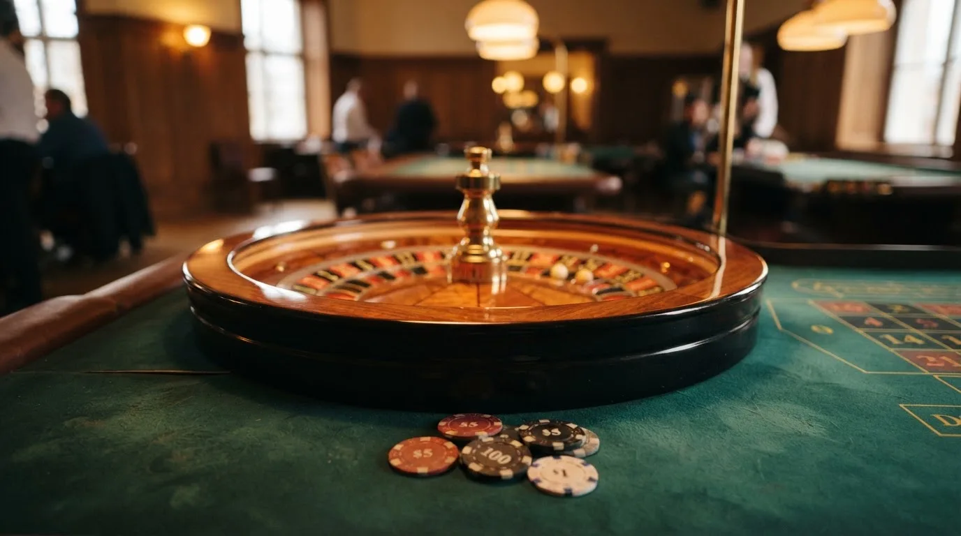Roda de roleta e fichas sobre feltro verde, sob uma luz quente de fim de tarde — casinos com google pay em portugal
