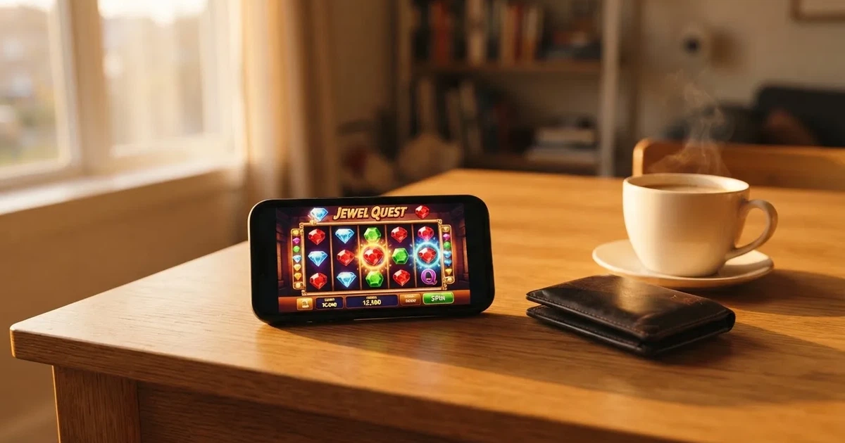 Telemóvel numa mesa de madeira ao lado de uma carteira e de uma chávena de café — casinos com google pay em portugal
