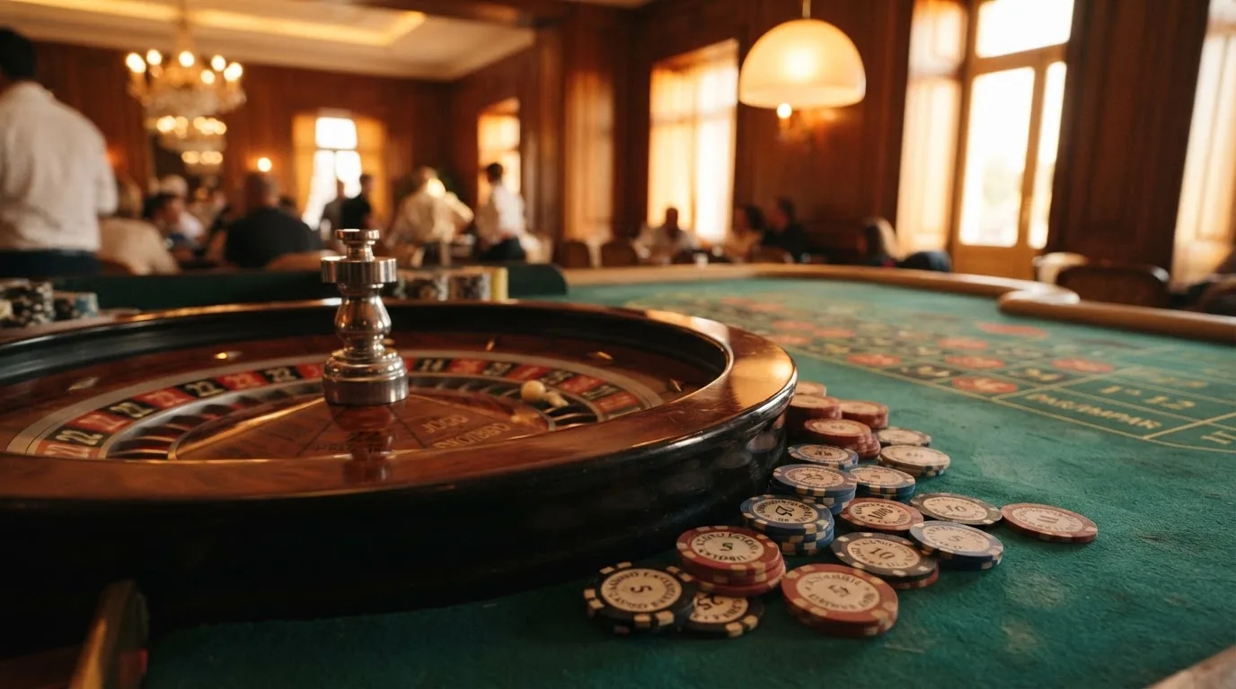 Roda de roleta e fichas sobre feltro verde, sob uma luz quente de fim de tarde — casinos com maestro em portugal