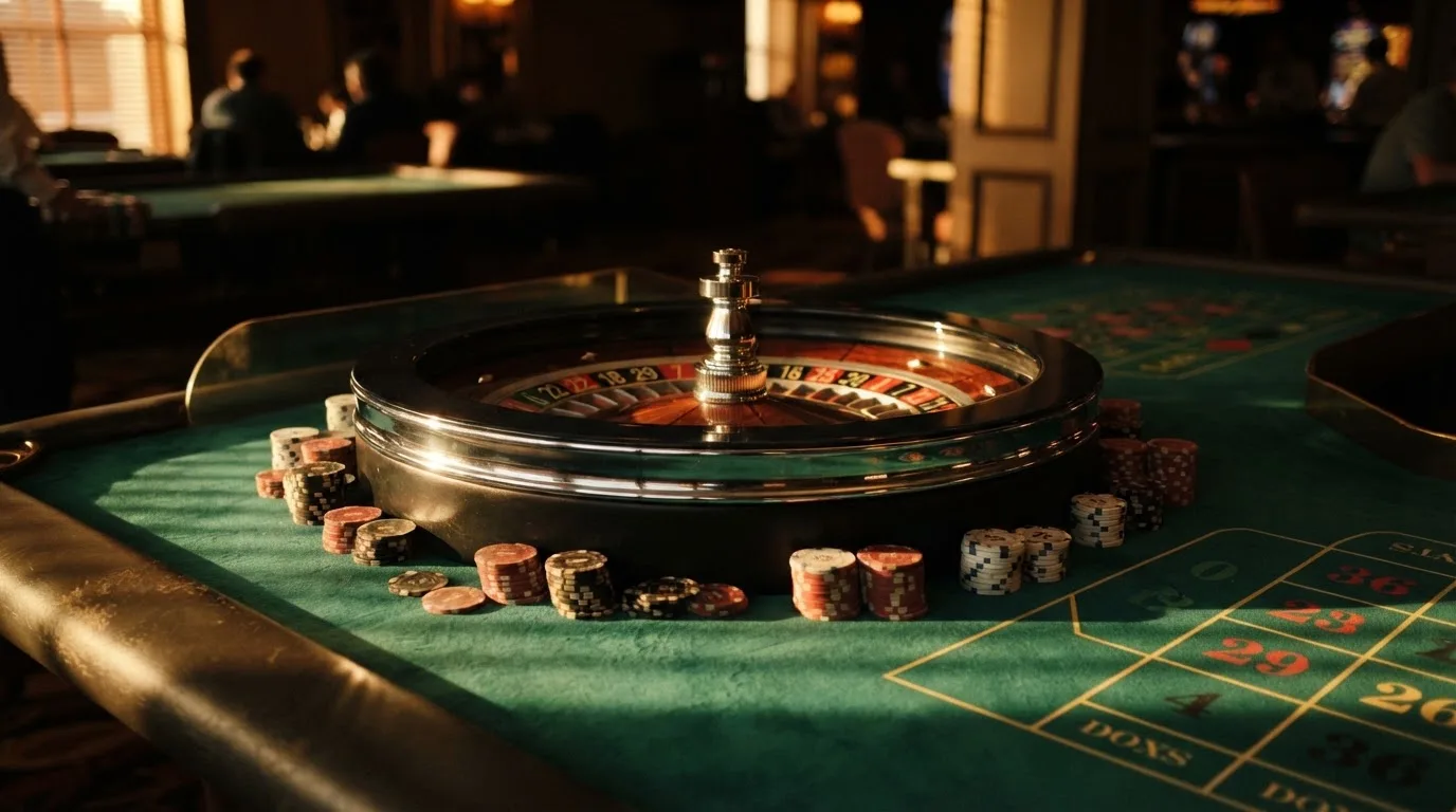 Roda de roleta e fichas sobre feltro verde, sob uma luz quente de fim de tarde — casinos com mastercard em portugal