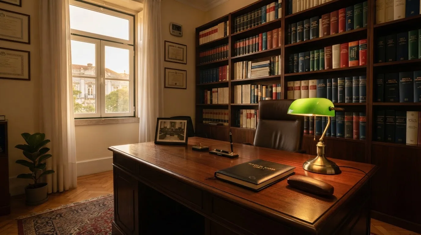 Escritório de advocacia com secretária de madeira, candeeiro de leitura e estantes de livros, sem pessoas, luz tranquila de fim de tarde.