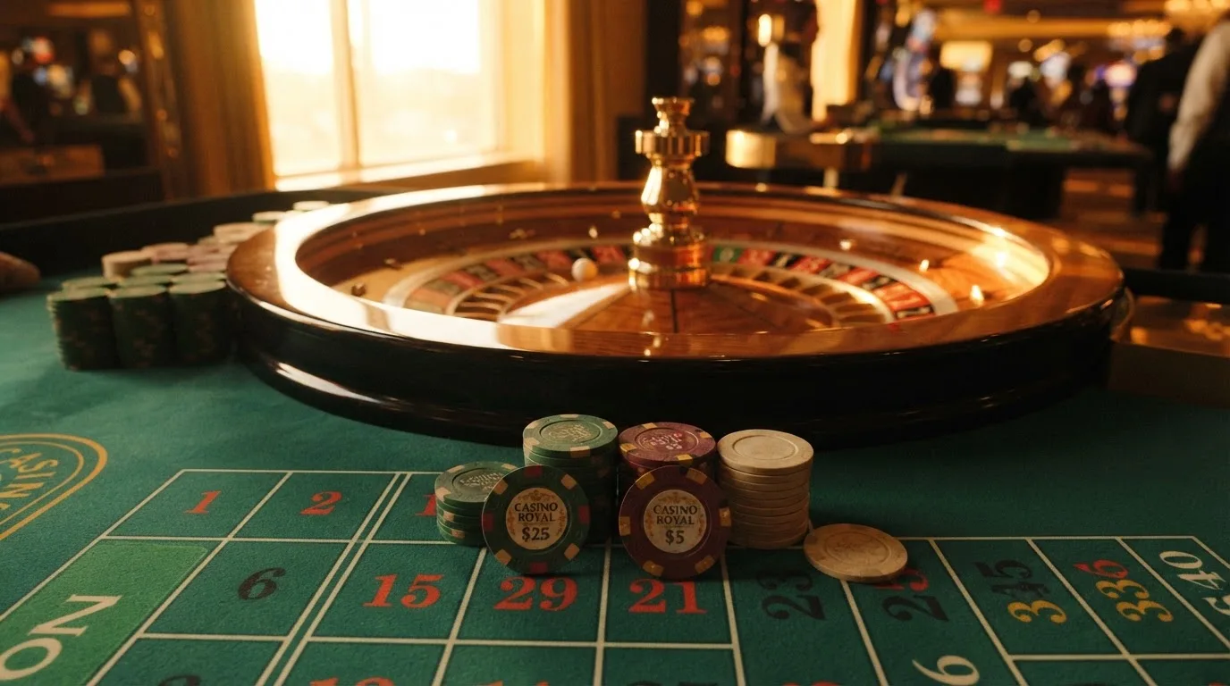 Roda de roleta e fichas sobre feltro verde, sob uma luz quente de fim de tarde — casinos com mifinity em portugal