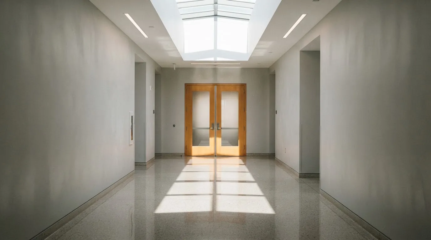 Corredor de um tribunal moderno com portas de madeira e pavimento polido, sem pessoas, luz natural vinda de uma claraboia.