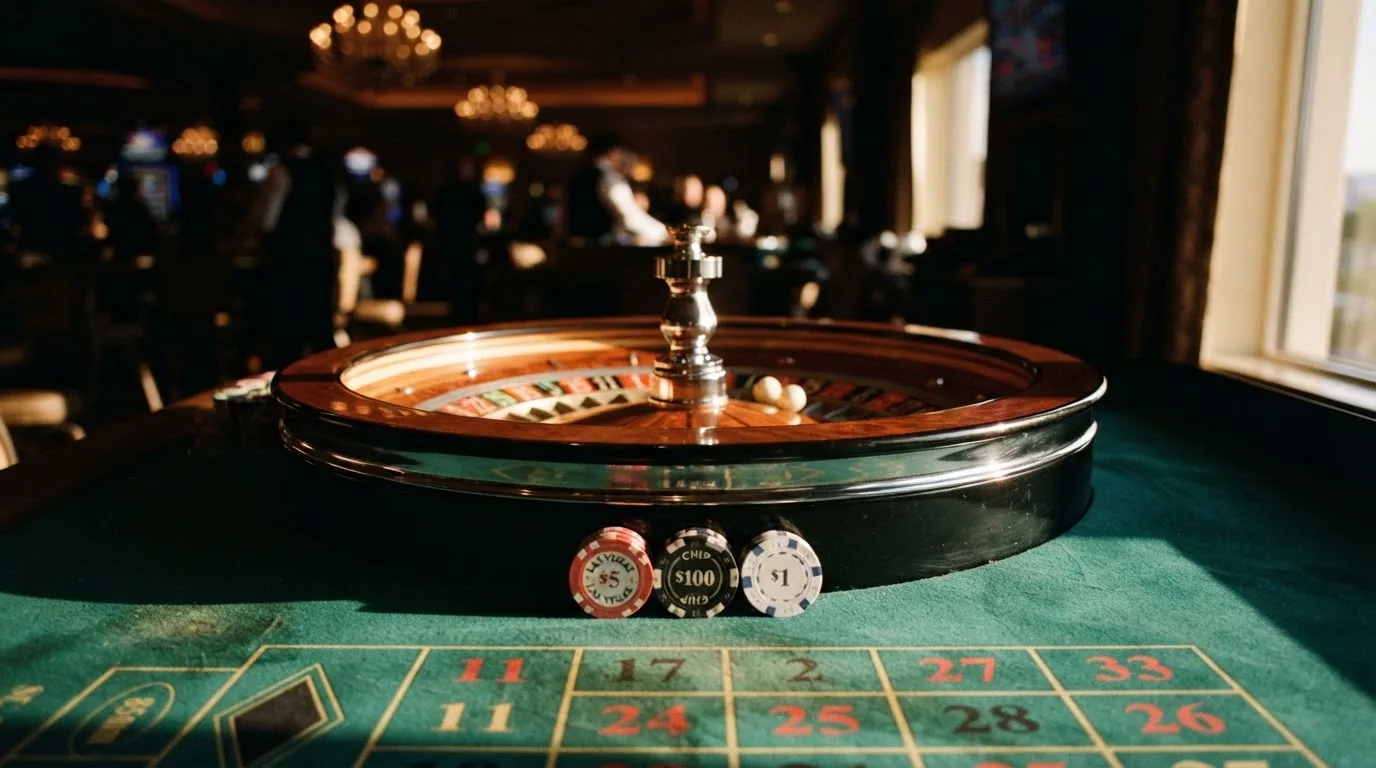 Roda de roleta e fichas sobre feltro verde, sob uma luz quente de fim de tarde — casinos com neteller em portugal