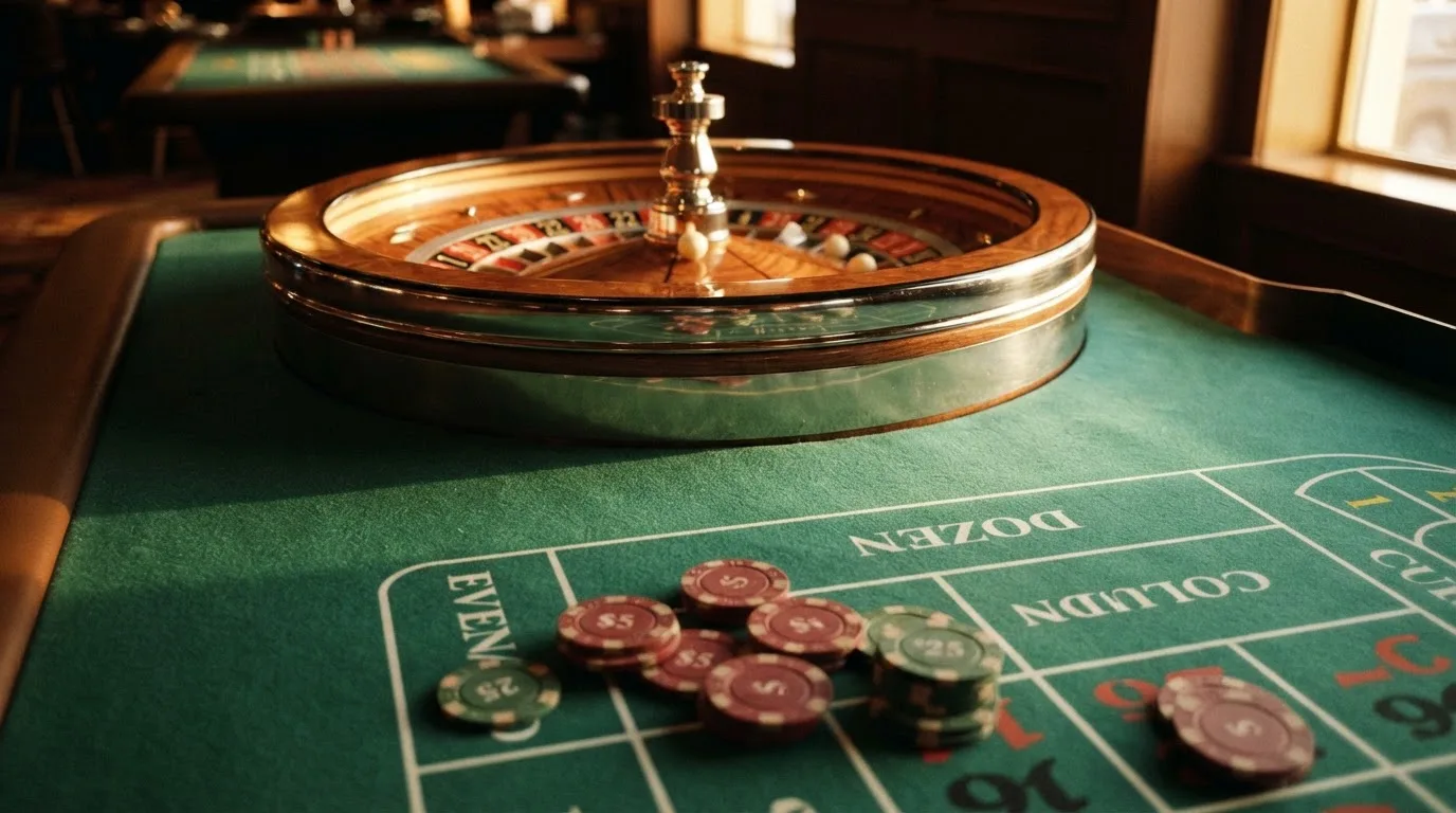 Roda de roleta e fichas sobre feltro verde, sob uma luz quente de fim de tarde — casinos com paypal em portugal