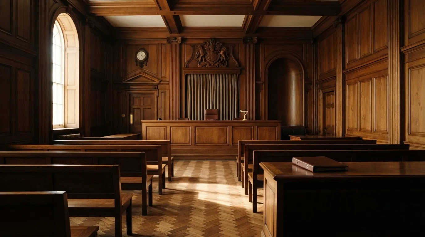 Sala de tribunal vazia com painéis de madeira, à luz da manhã — casinos com paysafecard em portugal
