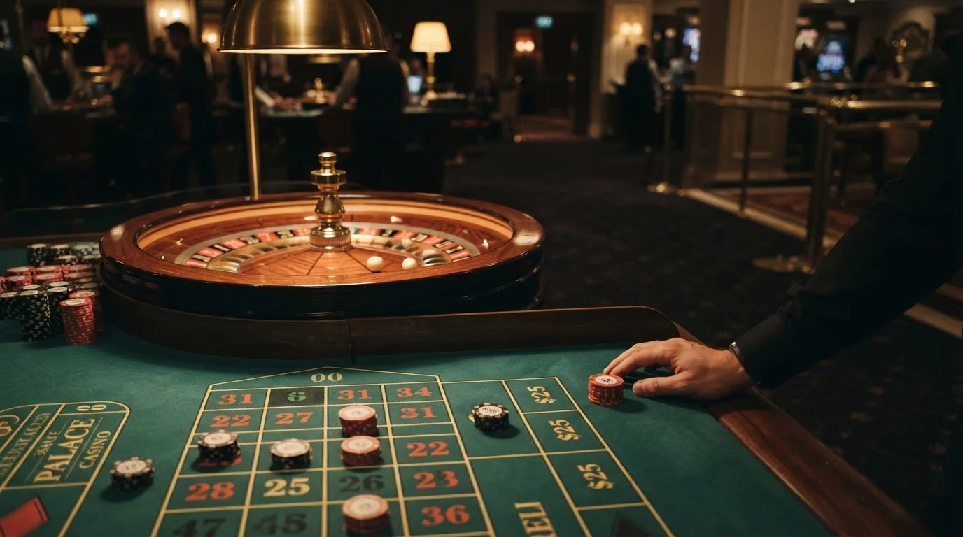 Roda de roleta e fichas sobre feltro verde, sob uma luz quente de fim de tarde — casinos com paysafecard em portugal