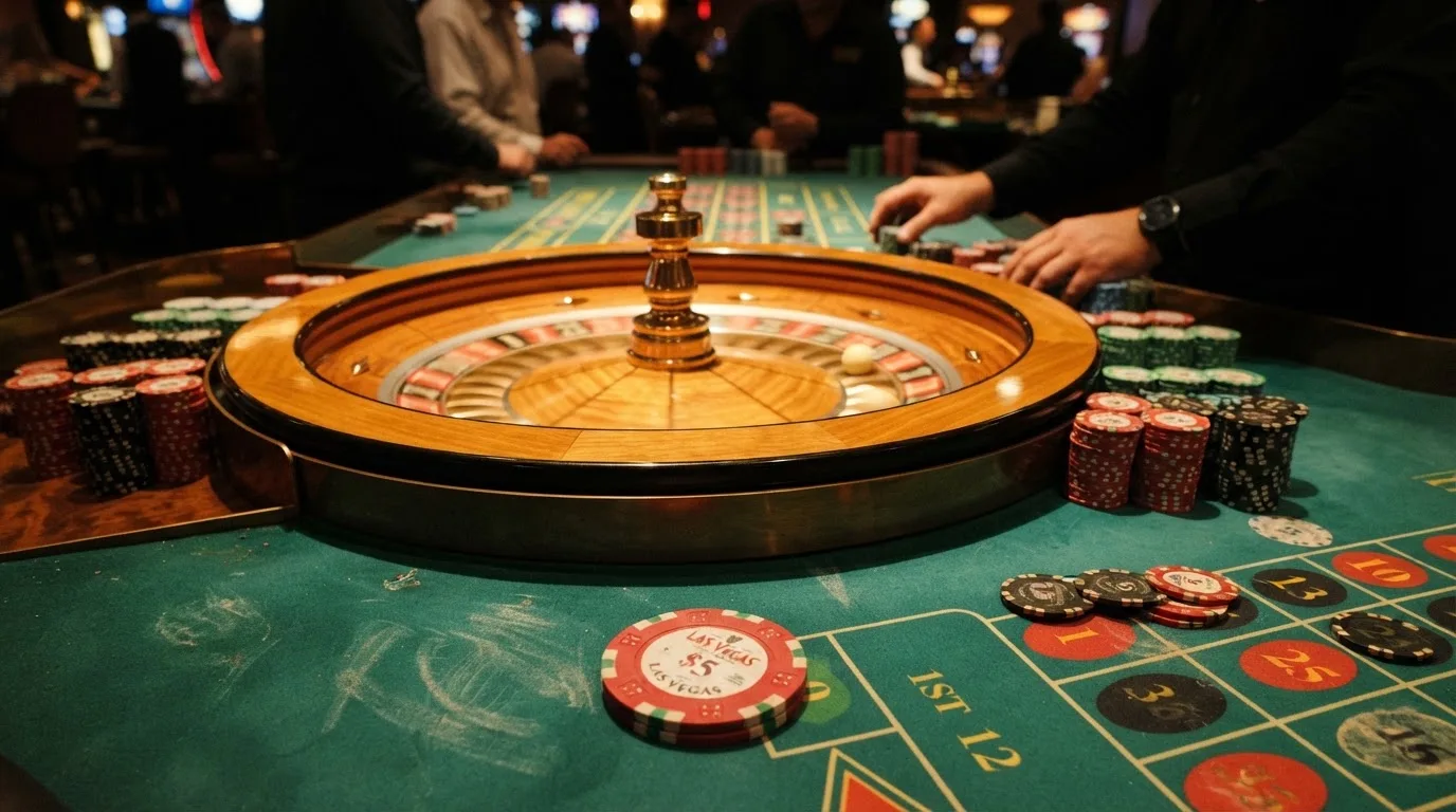 Roda de roleta e fichas sobre feltro verde, sob uma luz quente de fim de tarde — casinos com payu em portugal