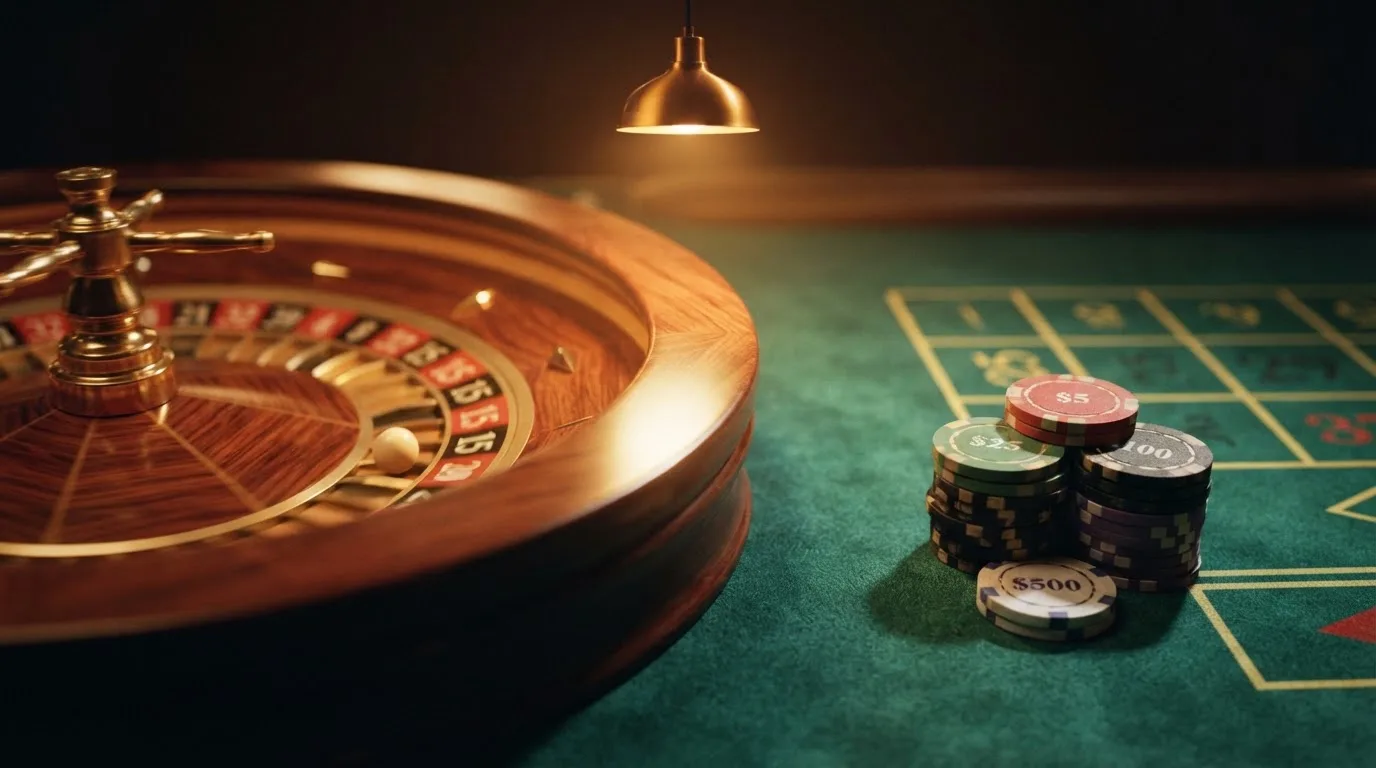 Roda de roleta e fichas sobre feltro verde, sob uma luz quente de fim de tarde — casinos com rodadas em portugal