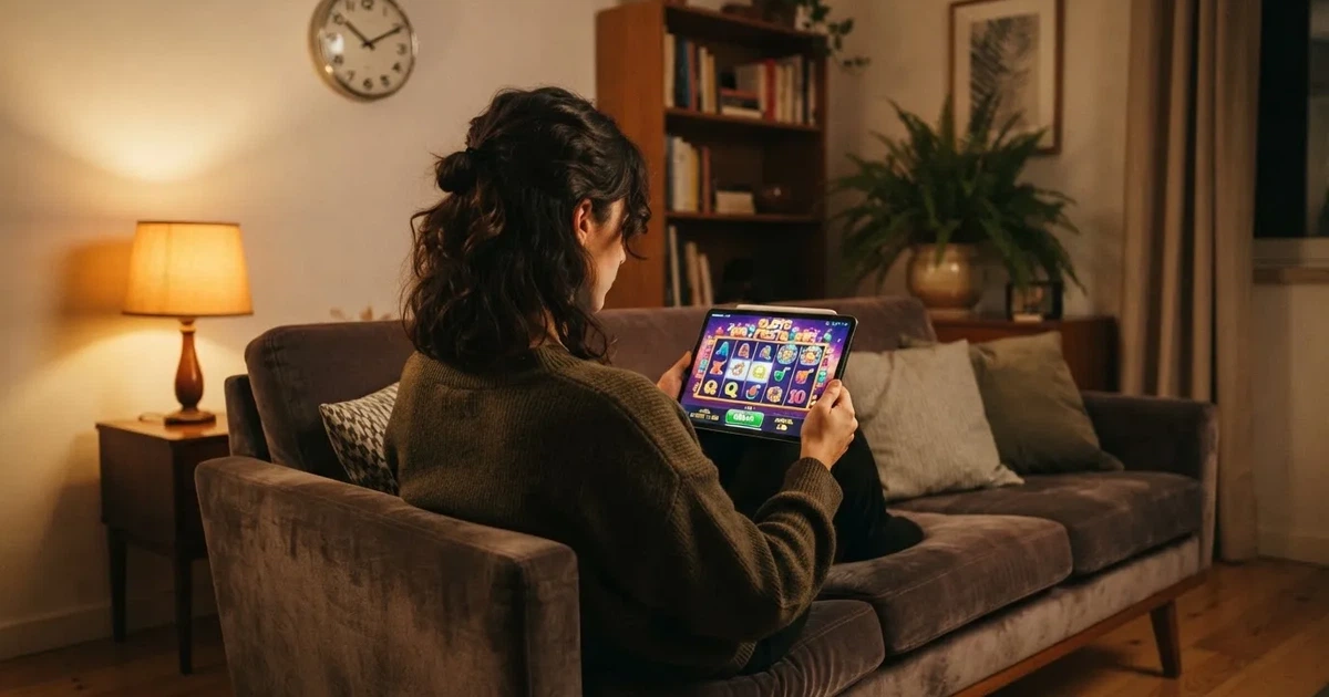 Pessoa num sofá a olhar pensativa para um tablet, com um relógio na parede atrás — casinos com rodadas em portugal