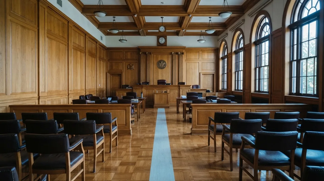 Sala de tribunal vazia com painéis de madeira, à luz da manhã — casinos com skrill em portugal