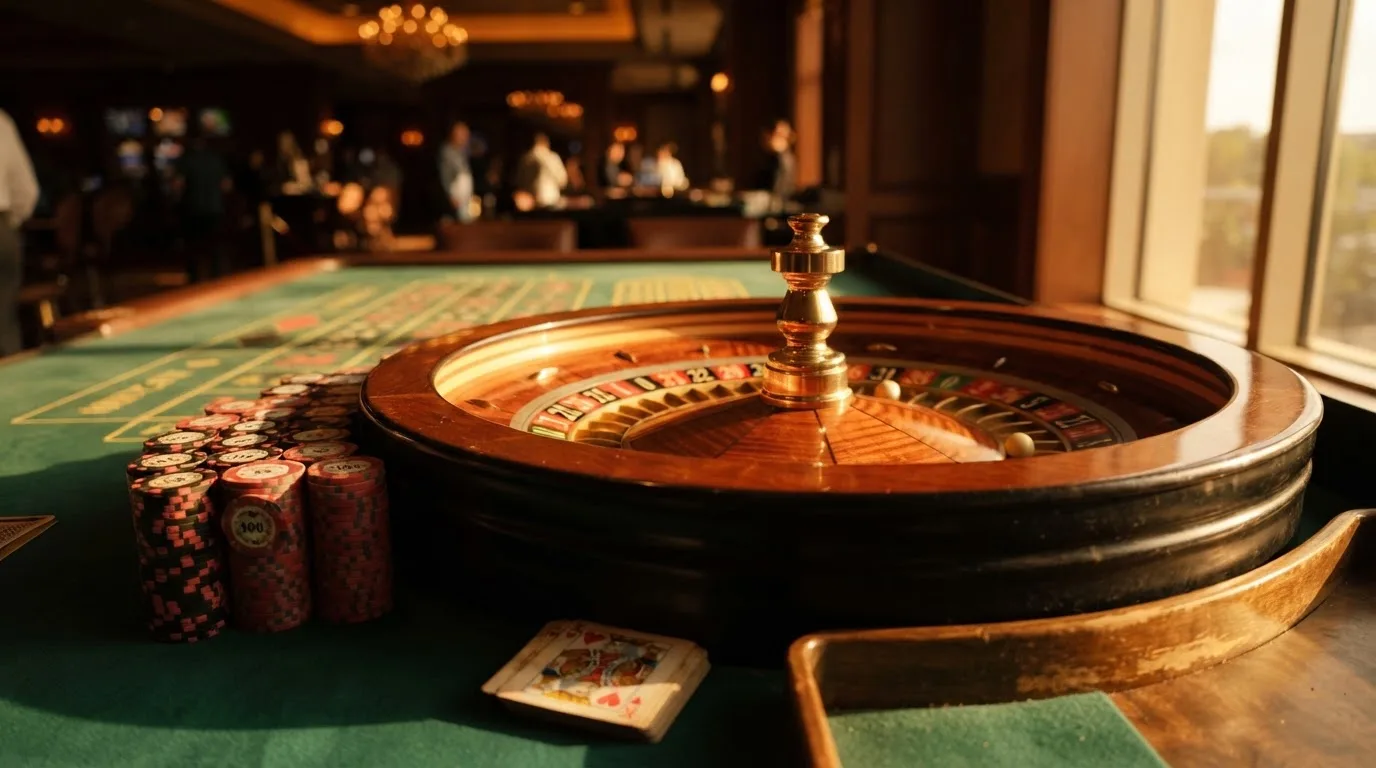Roda de roleta e fichas sobre feltro verde, sob uma luz quente de fim de tarde — casinos com skrill em portugal