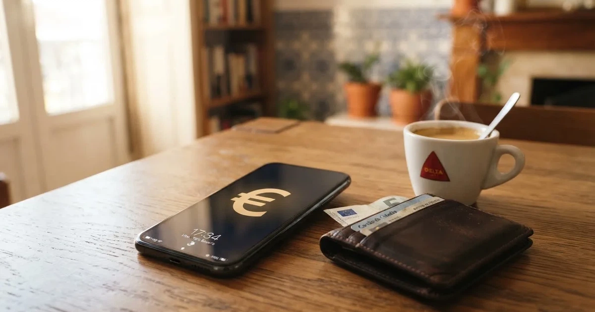 Telemóvel numa mesa de madeira ao lado de uma carteira e de uma chávena de café — casinos com skrill em portugal