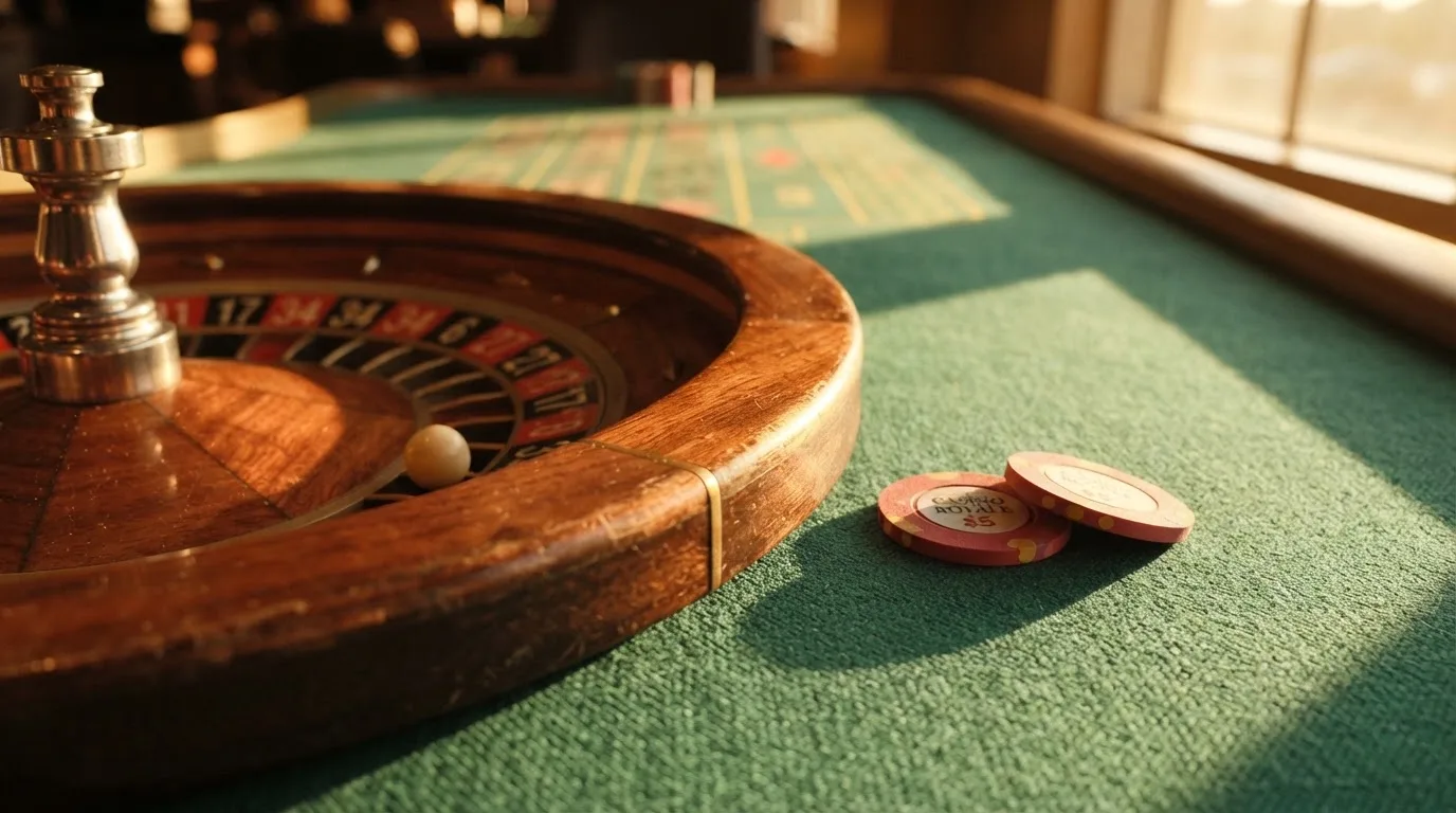 Roda de roleta e fichas sobre feltro verde, sob uma luz quente de fim de tarde — casinos com transferência bancária pt