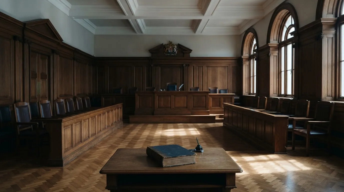 Sala de tribunal vazia com painéis de madeira, à luz da manhã — casinos com visa em portugal