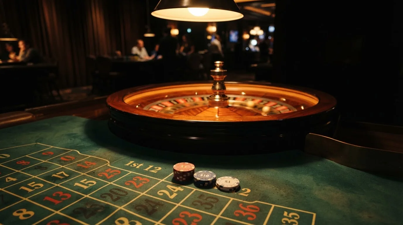 Roda de roleta e fichas sobre feltro verde, sob uma luz quente de fim de tarde — casinos com visa em portugal