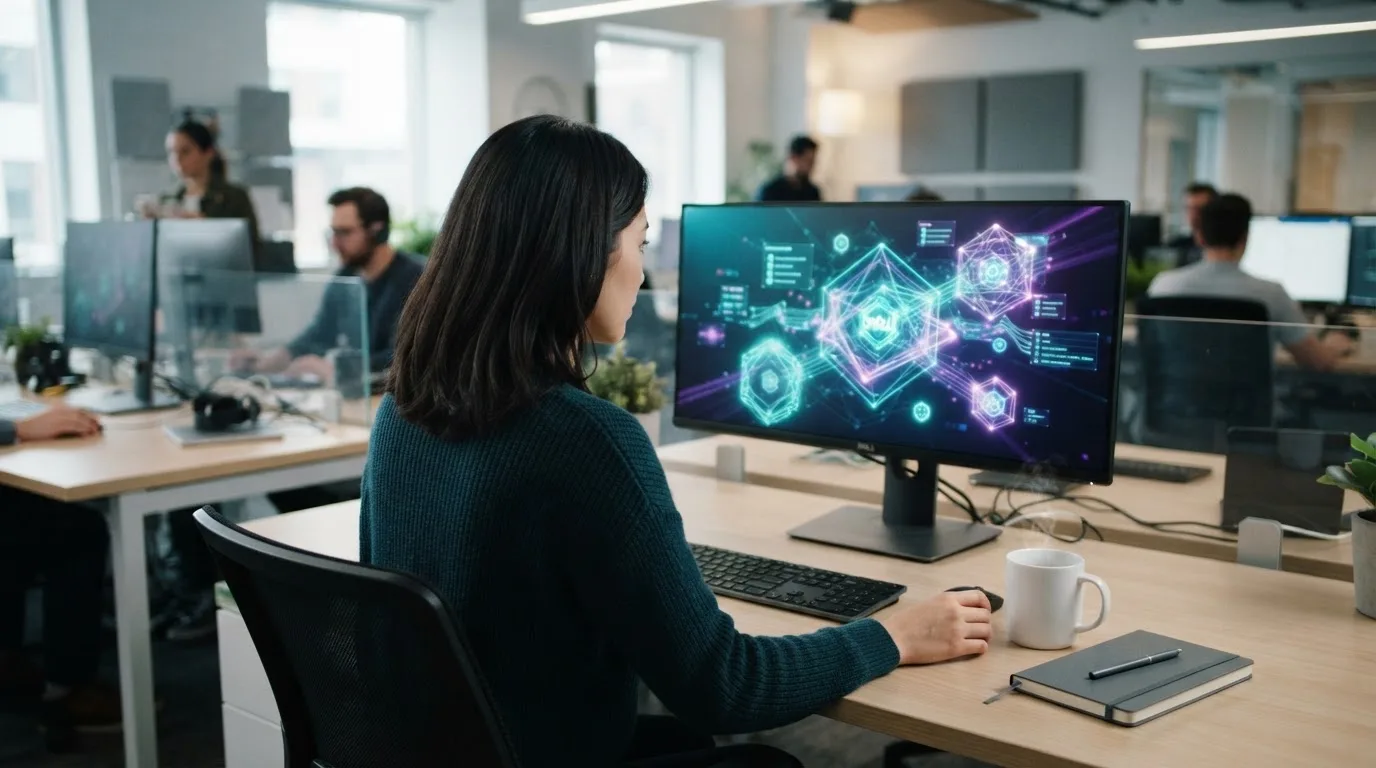 Mulher numa sala de computadores a observar um monitor com formas luminosas abstratas, ambiente de escritório moderno.