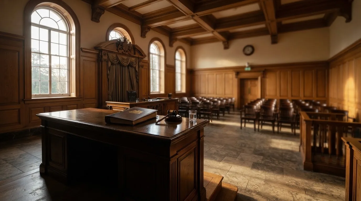 Sala de tribunal vazia com painéis de madeira, à luz da manhã — casinos grátis em portugal