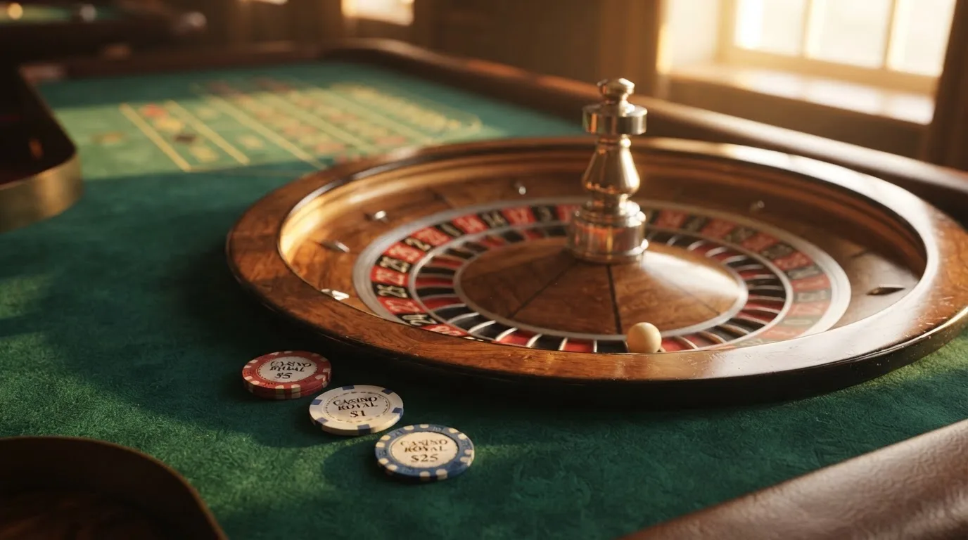Roda de roleta e fichas sobre feltro verde, sob uma luz quente de fim de tarde — casinos grátis em portugal