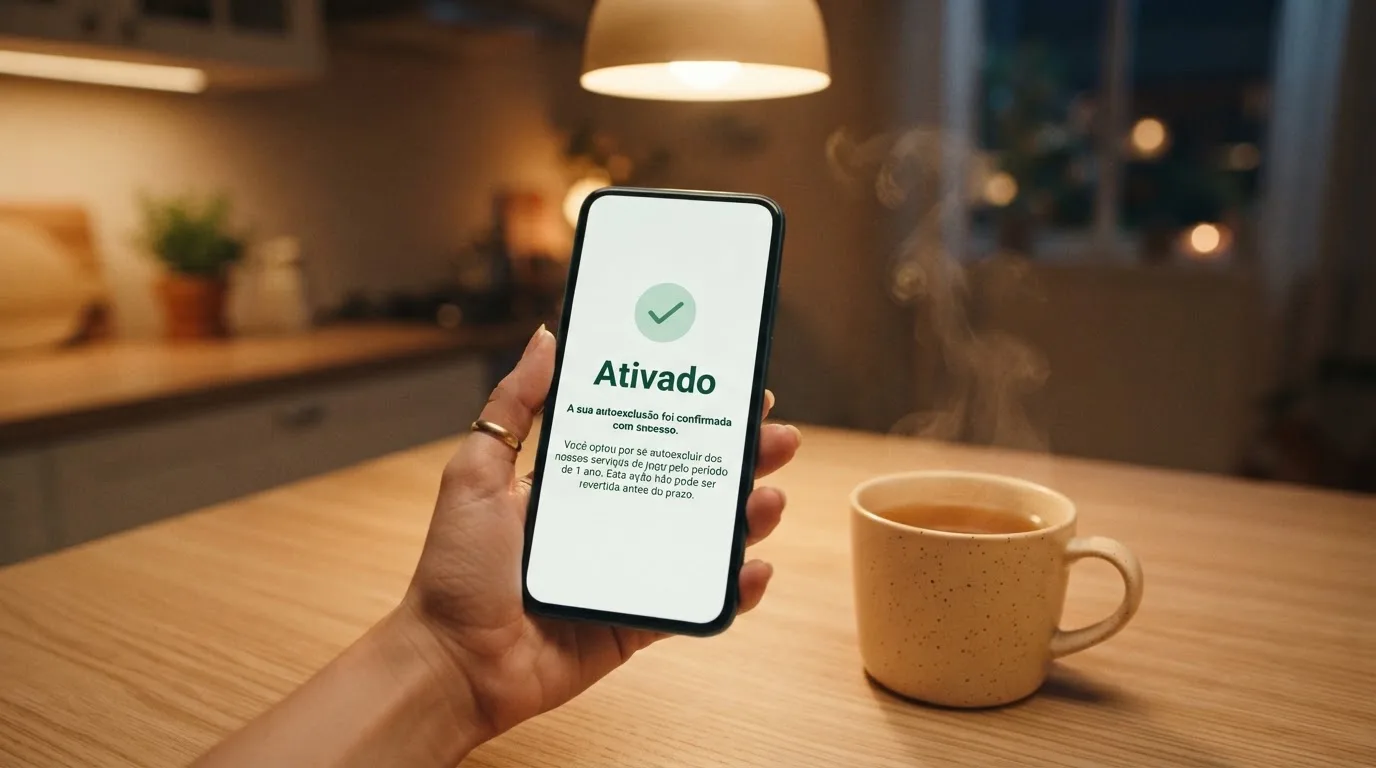 Mão a segurar um telemóvel ao lado de uma chávena de chá numa mesa de cozinha, numa noite tranquila — casinos legais em portugal