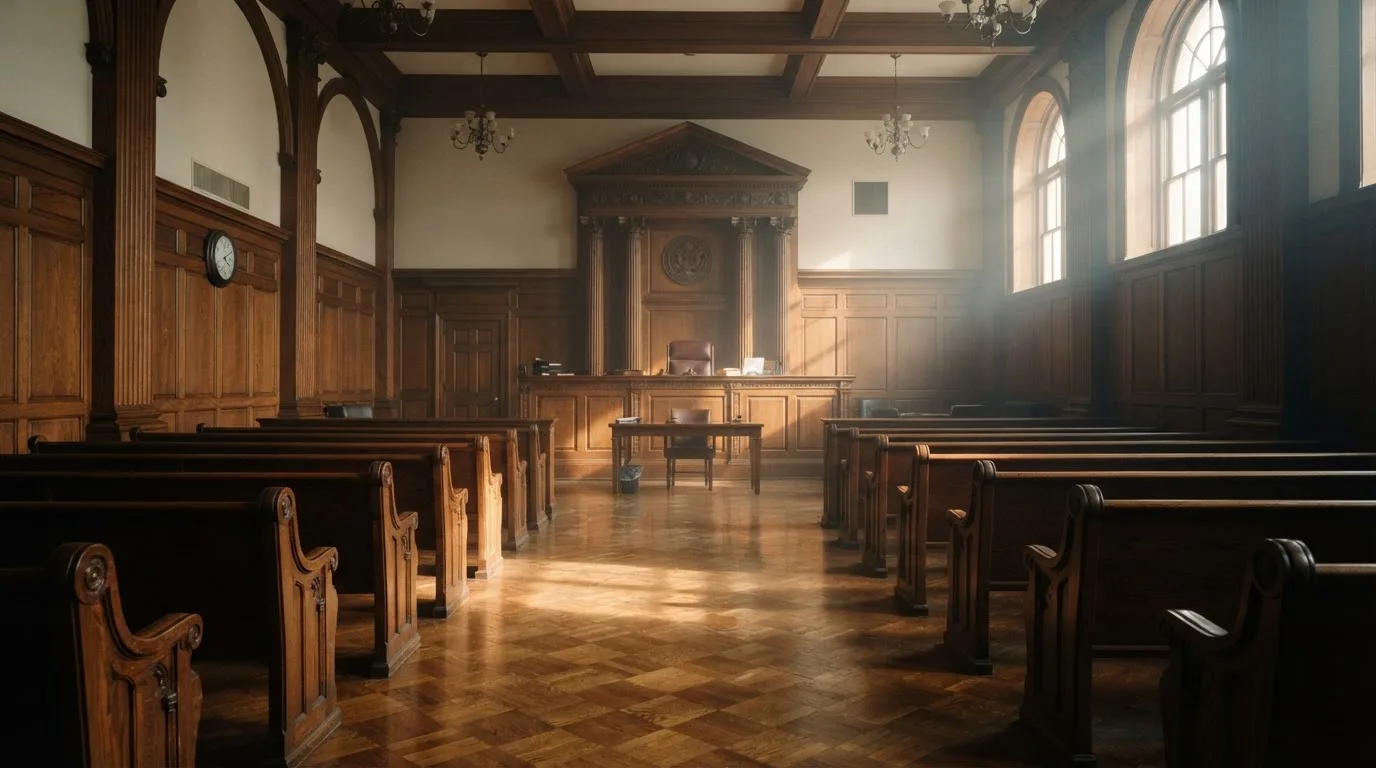 Sala de tribunal vazia com painéis de madeira, à luz da manhã — casinos legais em portugal