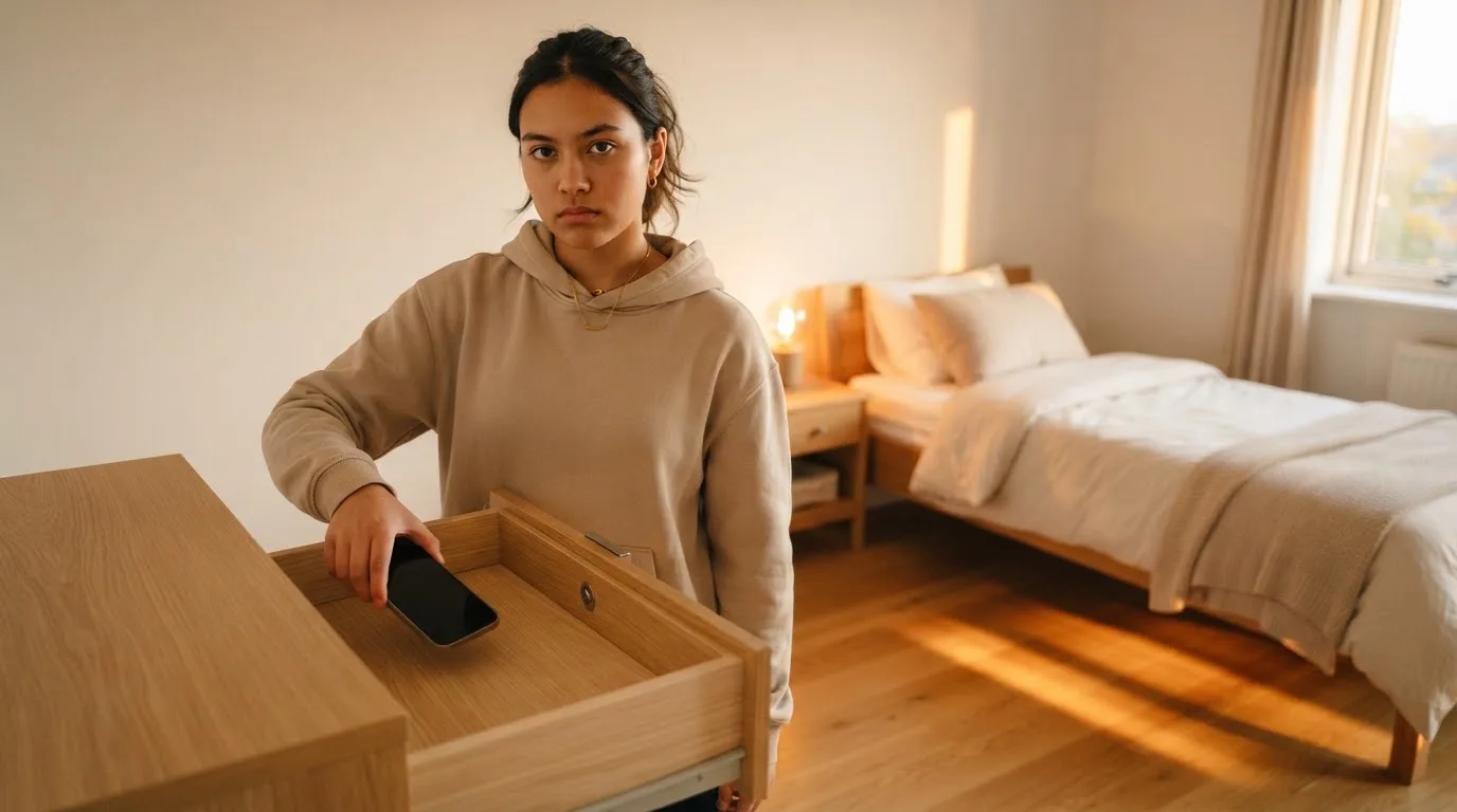 Jovem a pousar o telemóvel numa gaveta aberta, com expressão decidida, num quarto arrumado com luz de fim de tarde.