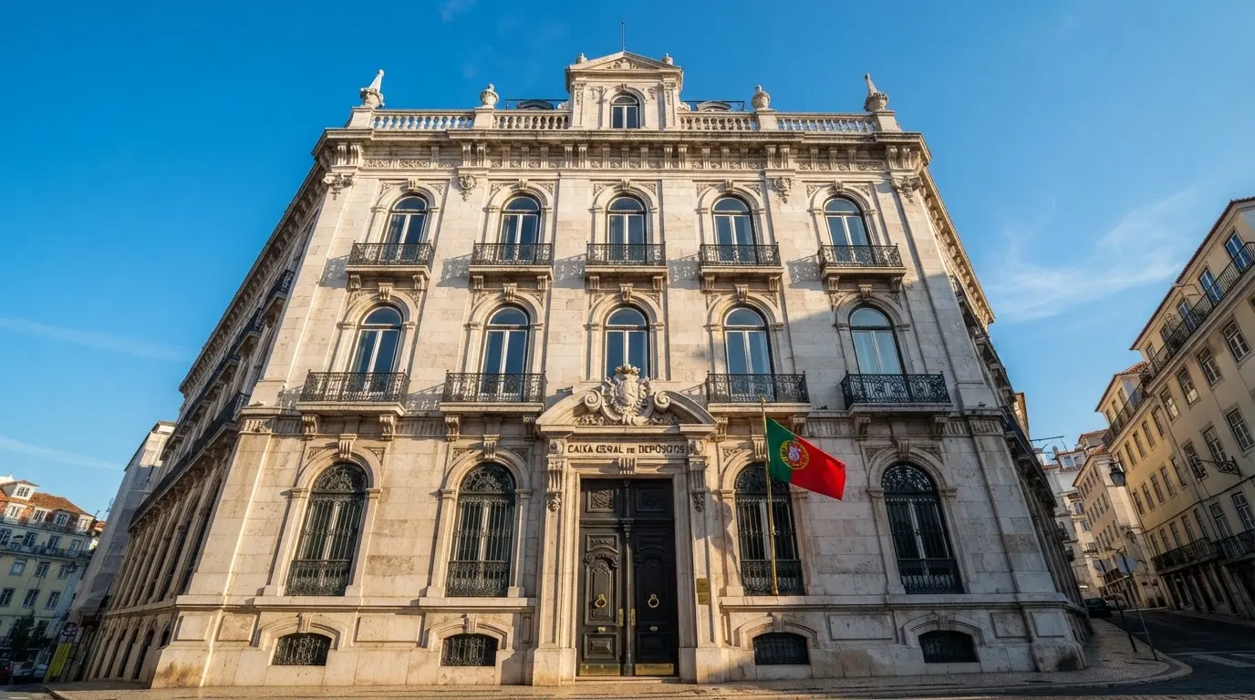 Edifício histórico de pedra em Lisboa com janelas altas e bandeira, fotografado em ângulo ascendente sob céu azul limpo.