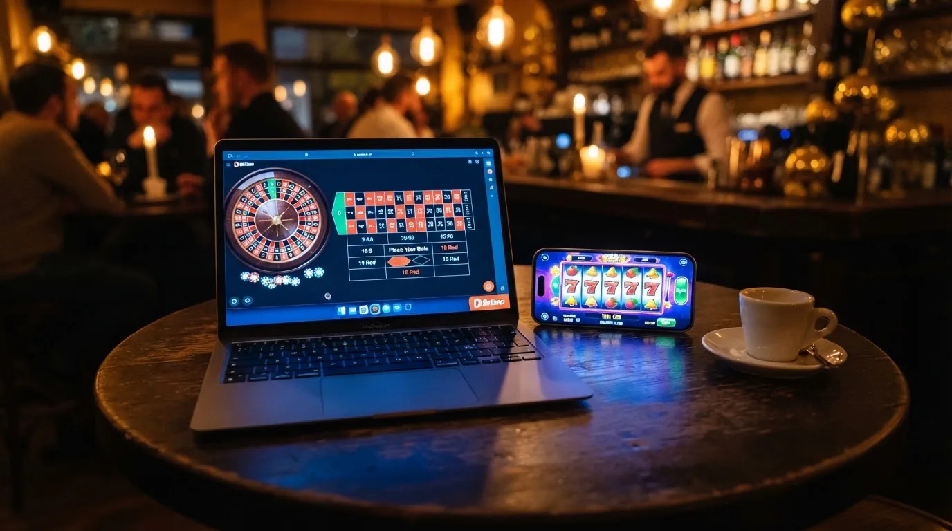 Portátil aberto numa mesa de café ao lado de um telemóvel, ambos com ecrã iluminado em tons de azul.
