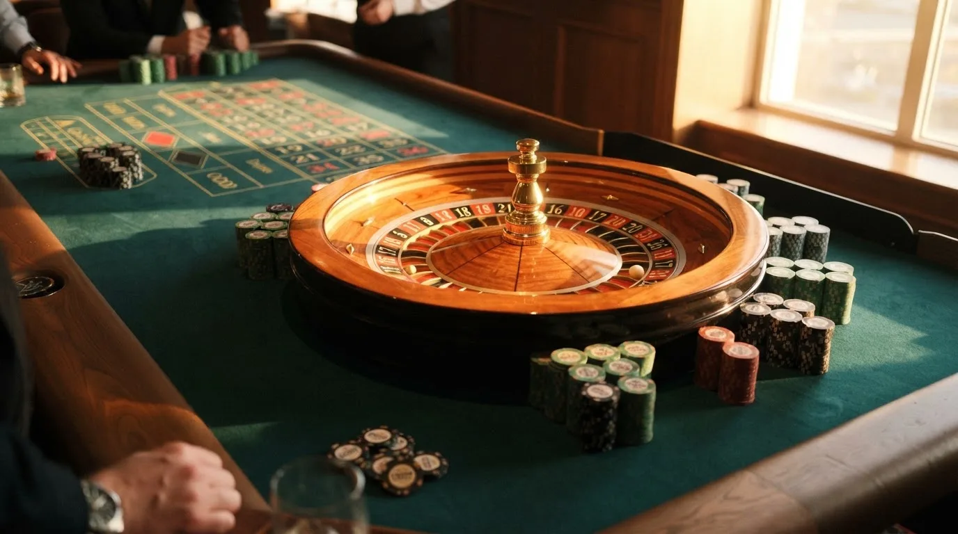 Roda de roleta e fichas sobre feltro verde, sob uma luz quente de fim de tarde — casinos online com depósito pt
