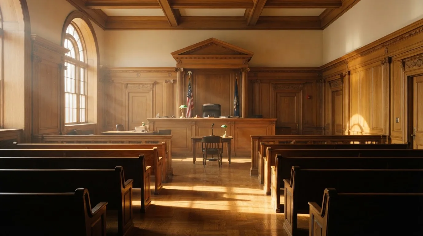 Sala de tribunal vazia com painéis de madeira, à luz da manhã — casinos online grátis em portugal