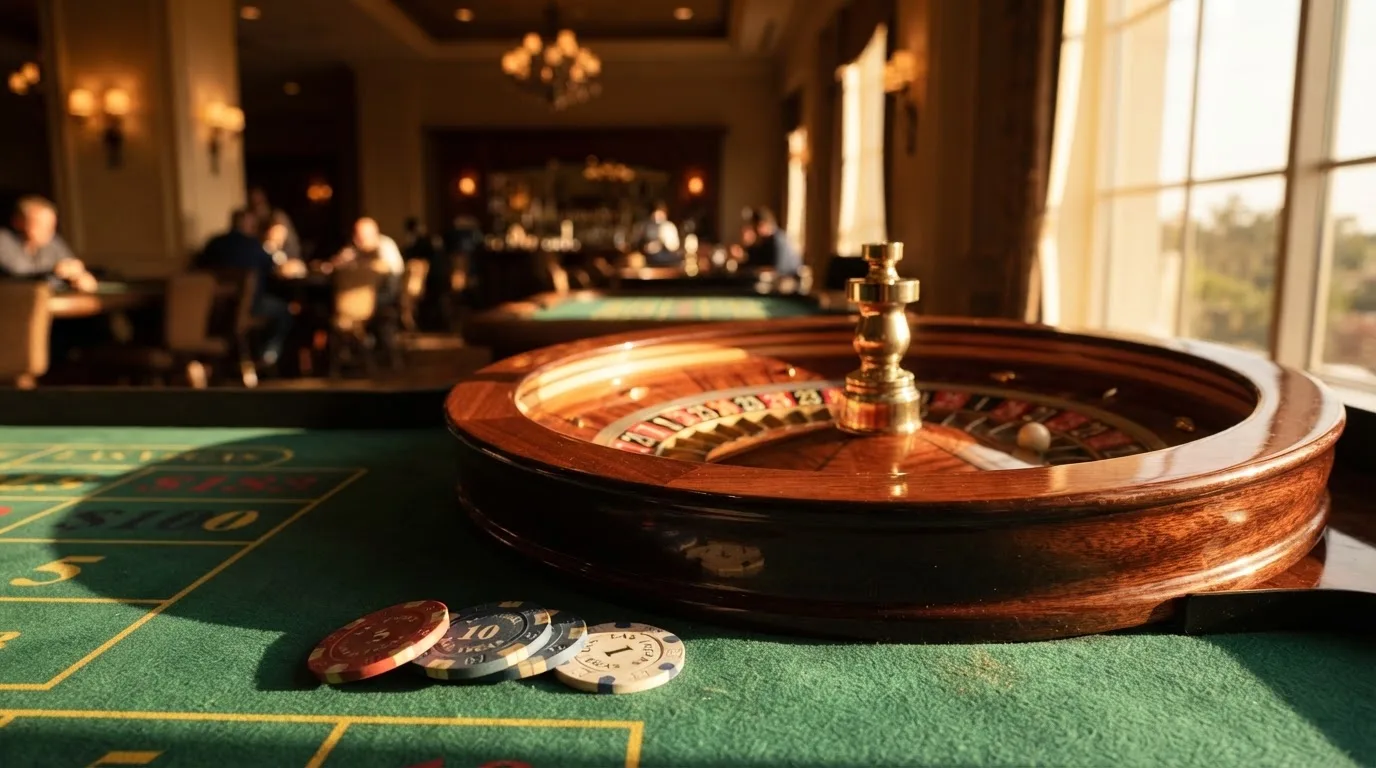 Roda de roleta e fichas sobre feltro verde, sob uma luz quente de fim de tarde — casinos online grátis em portugal