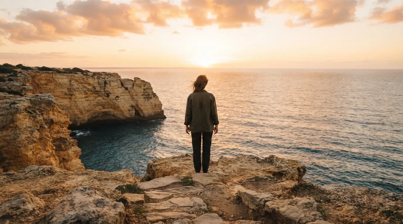Pessoa de costas a olhar o mar numa praia do Algarve ao fim da tarde, com ar sereno e telemóvel guardado no bolso.