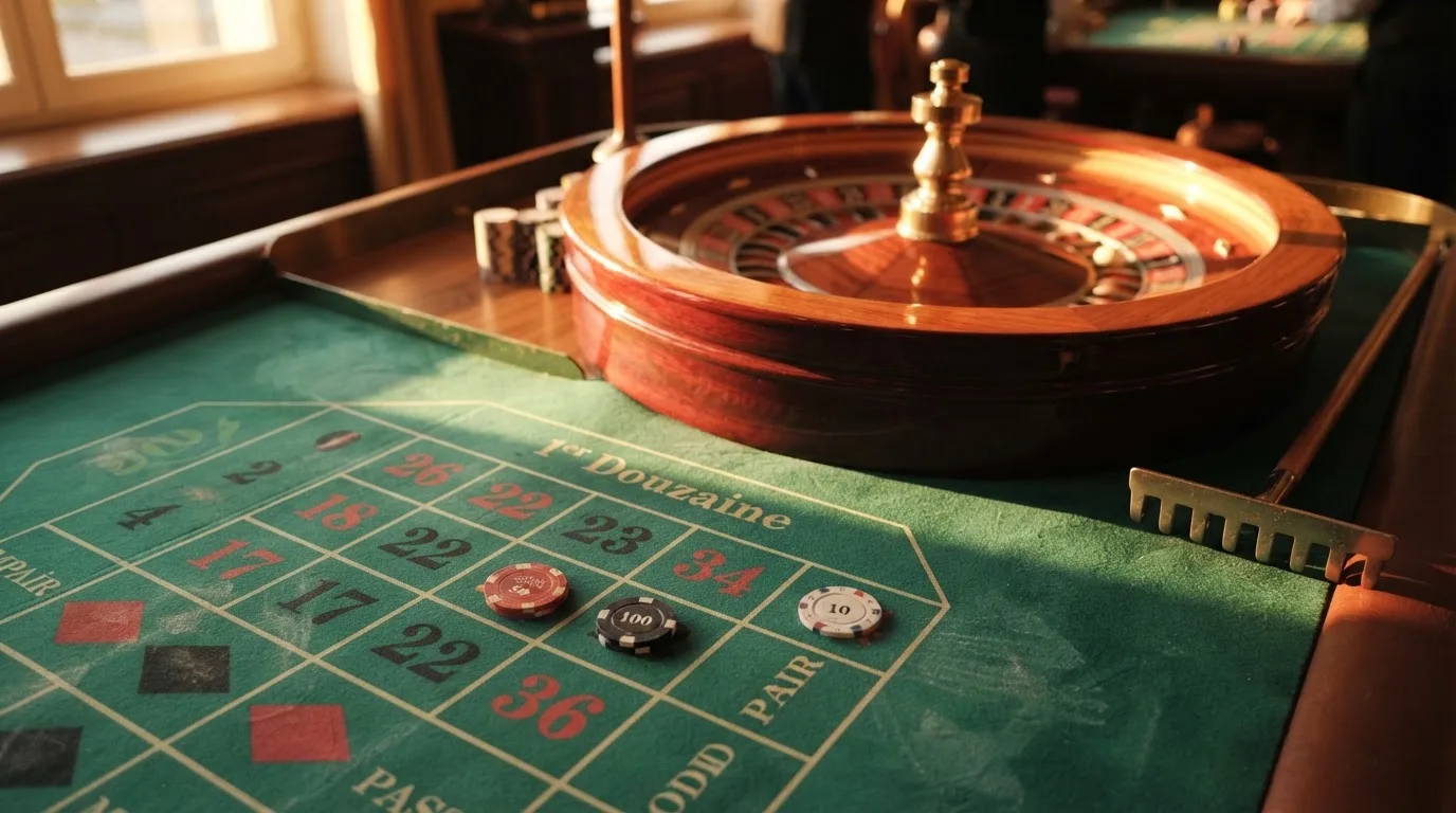 Roda de roleta e fichas sobre feltro verde, sob uma luz quente de fim de tarde — casinos online sem depósito pt