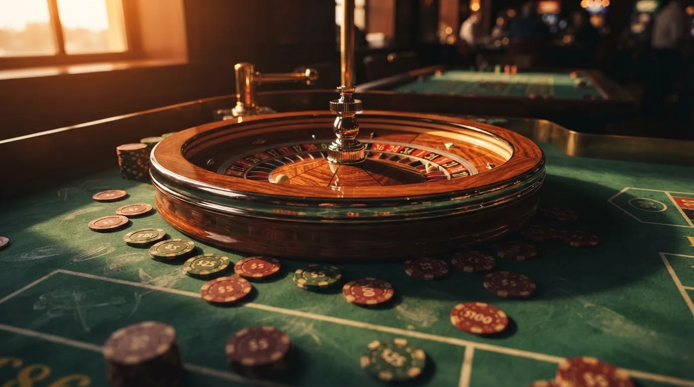 Roda de roleta e fichas sobre feltro verde, sob uma luz quente de fim de tarde — casinos para ganhar dinheiro pt