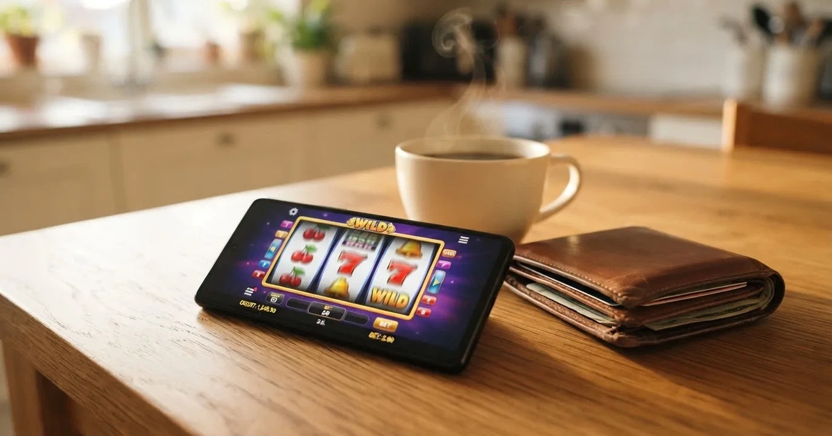 Telemóvel numa mesa de madeira ao lado de uma carteira e de uma chávena de café — cassino com depósito em portugal