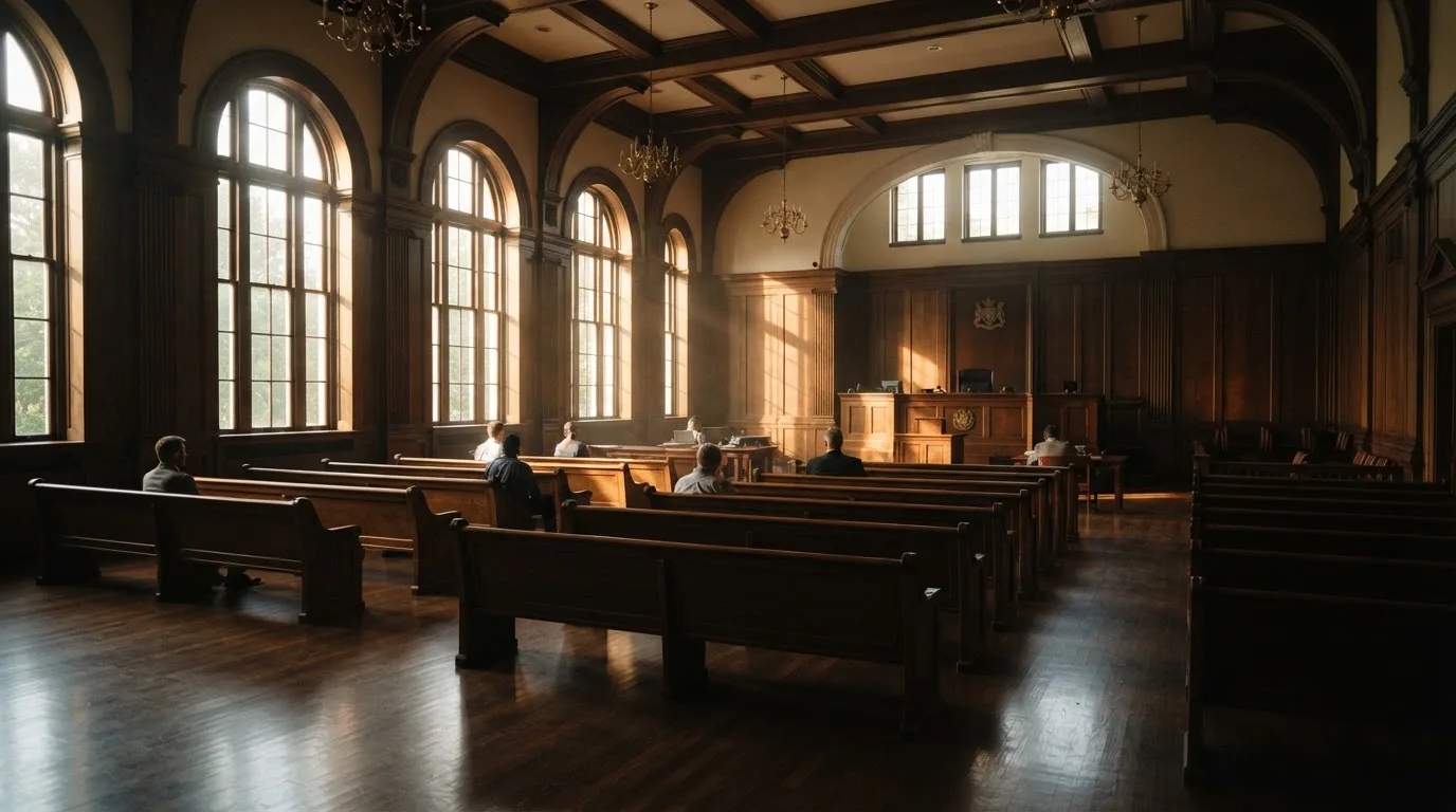 Sala de tribunal vazia com painéis de madeira, à luz da manhã — cassino com roleta em portugal