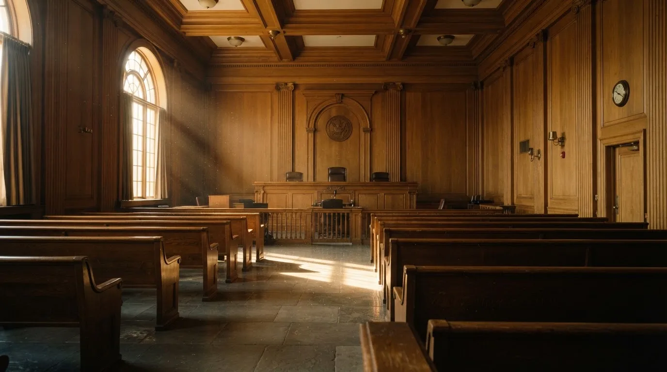 Sala de tribunal vazia com painéis de madeira, à luz da manhã — cassino grátis em portugal