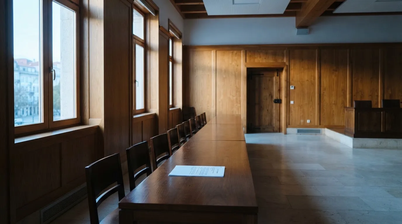 Sala de tribunal vazia com painéis de madeira, à luz da manhã — cassino sem depósito em portugal