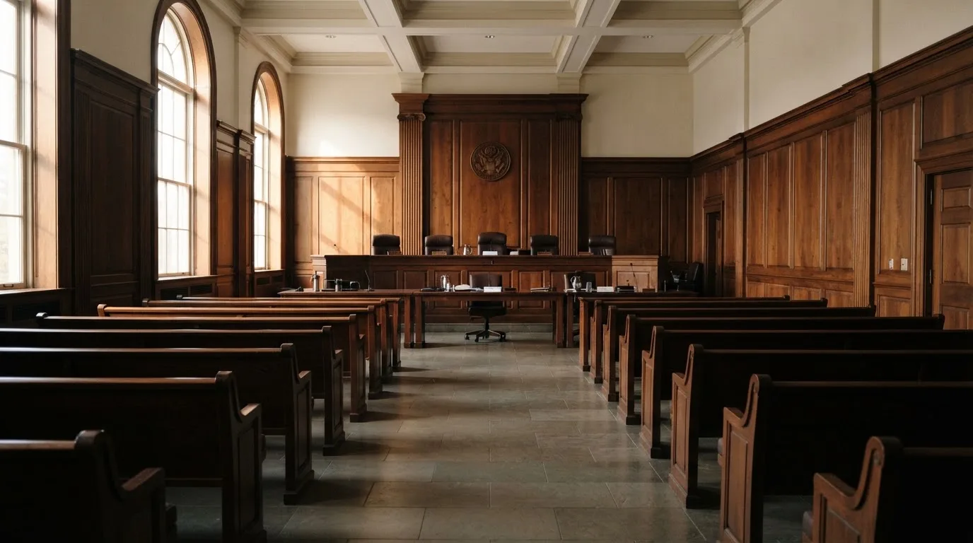 Sala de tribunal vazia com painéis de madeira, à luz da manhã — cassinos ao vivo em portugal