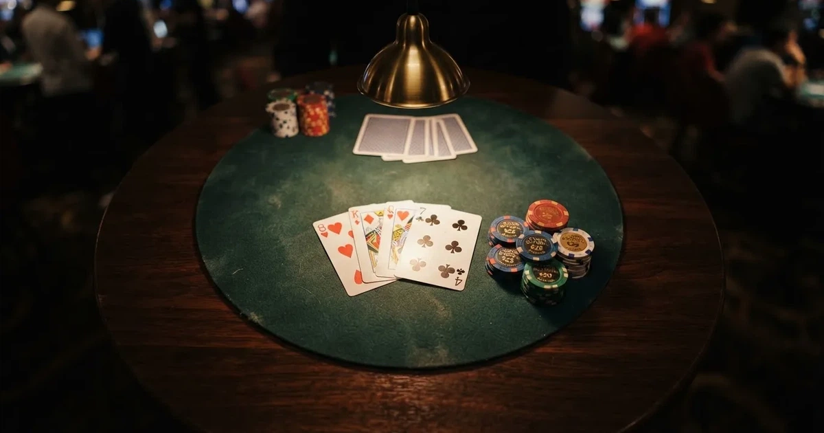 Mesa de jogo iluminada com cartas, vista de cima — cassinos ao vivo em portugal