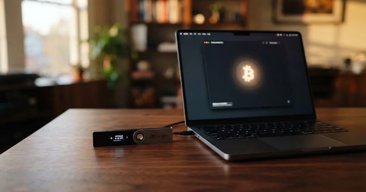 Carteira de hardware e computador portátil numa secretária, com luz suave — cassinos com bitcoin em portugal